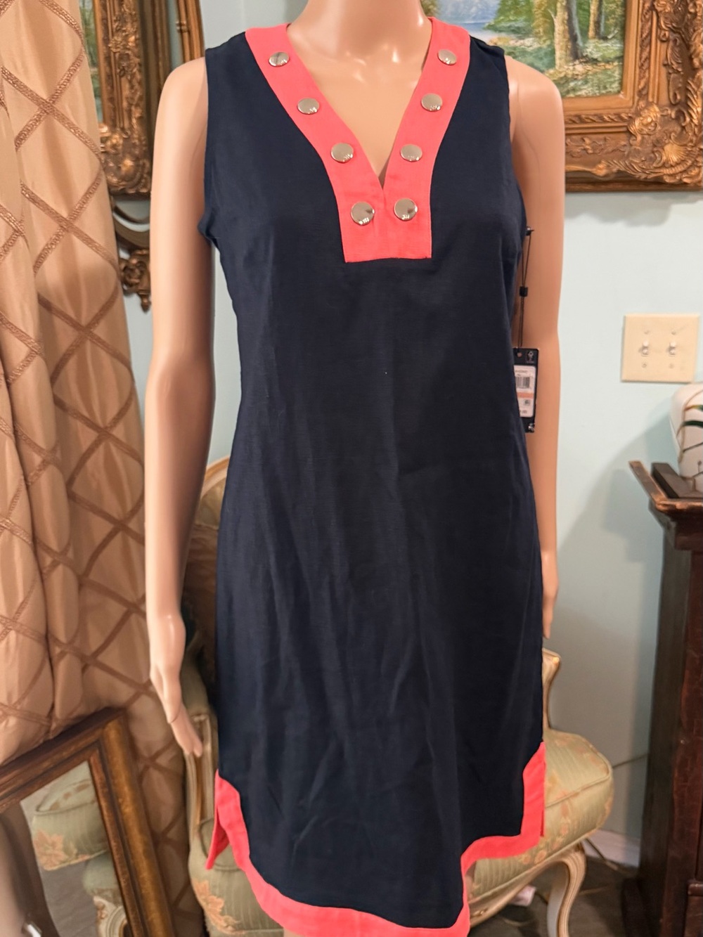 Tommy Hilfiger Navy Blue Dress with Coral Trim